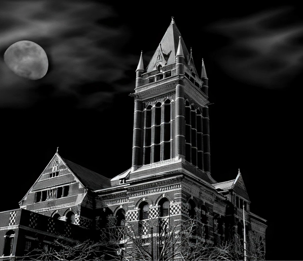 Gothic building under moonlit sky
